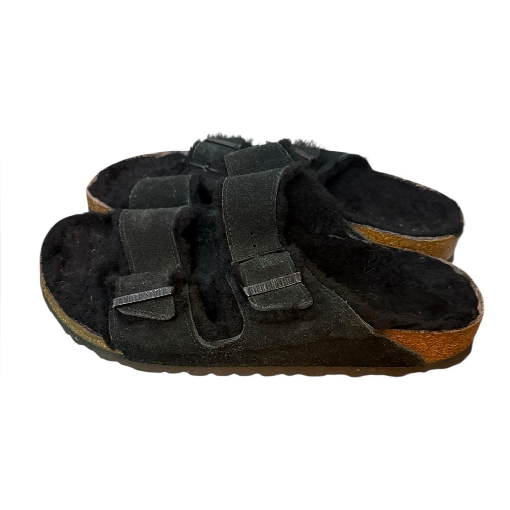Birkenstock Black Suede Shearling Arizona Slides